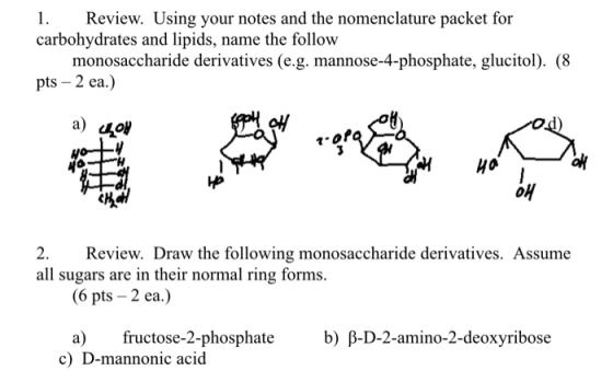 1. Review. Using your notes and the nomenclature packet for carbohydrates and lipids, name the follow monosaccharide derivati