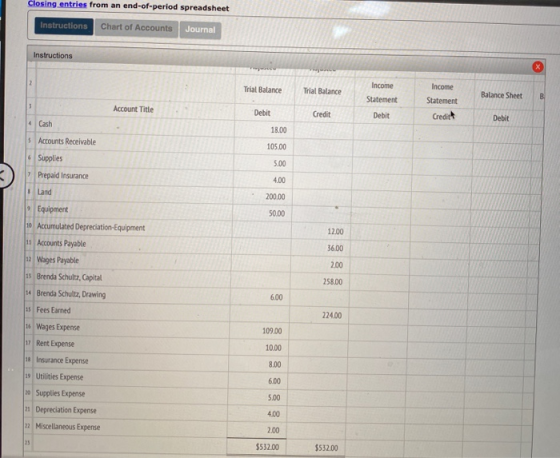 Closing entries from an end-of-period spreadsheet Instructions Chart of Accounts Journal Instructions 2 Trial Balance Trial B
