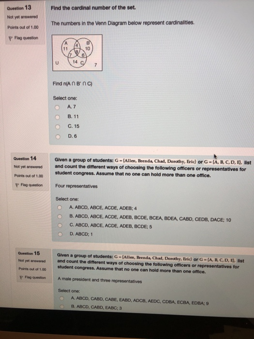 Question 13 Find the cardinal number of the set. Not yet answered The numbers in the Venn Diagram below represent cardinaliti