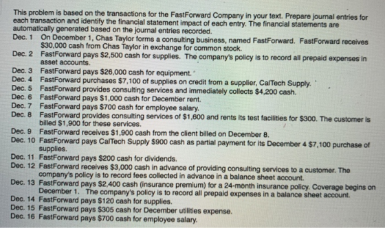 This problem is based on the transactions for the FastForward Company in your text. Prepare journal entries for each transact