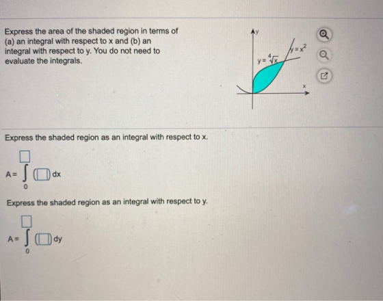 Express the area of the shaded region in terms of (a) an integral with respect to x and (b) an integral with respect to y. Yo