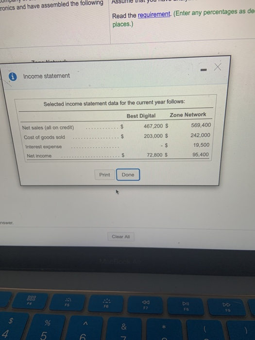 cronics and have assembled the following Read the requirement. (Enter any percentages as de places.) X Х Income statement Sel