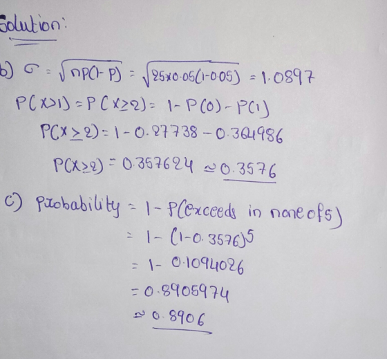 solution: 6 = 29C1-P) = 25x0.05(1-005) = 1.0897 PCX) =P CX22) = 1- P(O)- P(1) | Cx-9)- |- 0.977 38 - 0301786 PCX 2)- 0 367624