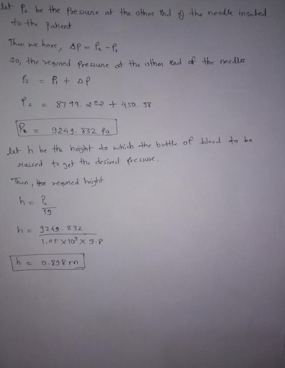 let P2 be the pressure at the other and of the needle inserted to the patient Then we hare, ap = P₂ - P. So, the reqused Pres