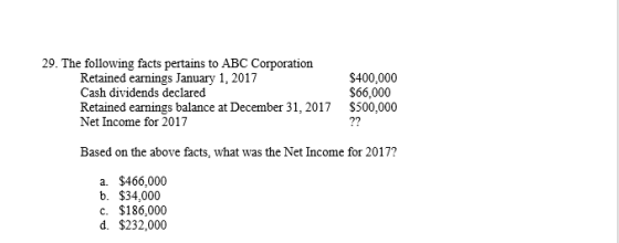 29. The following facts pertains to ABC Corporation Retained earnings January 1, 2017 Cash dividends declared Retained earnin