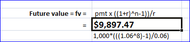 Future value = fv = pmtx ((1+r)^n-1)/ $9,897.47 1,000*(((1.0648)-1)/0.06)