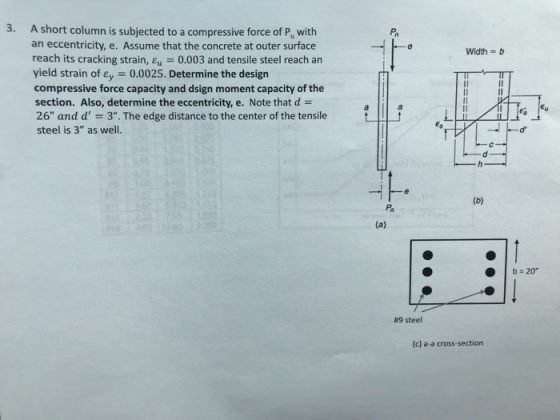 3. A short column is subjected to a compressive force of P, with an eccentricity, e. Assume that the concrete at outer surfac