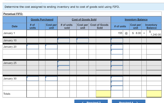 Determine the cost assigned to ending inventory and to cost of goods sold using FIFO. Perpetual FIFO: Cost of Goods Sold Good