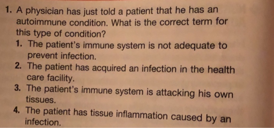 A physician has just told a patient that he has an autoimmune condition. What is the correct term for this type of condition?