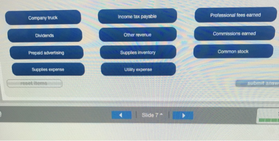 Company truck Income tax payable Professional fees earned Dividends Other revenue Commissions earned Prepaid advertising Supp