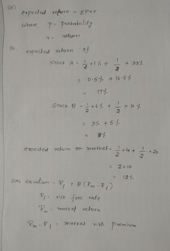 a so. expected resurn = {pxr where, p- probability re referrn expected return of STOCK A = 1/2+1% + I + 33% = 0.5% + 16.5% -