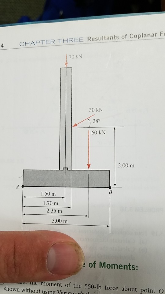 4 CHAPTER THREE Resultants of Coplanar F 70 kN 30 kN 280 60 kN 2.00 m 1.50 m 1.70 m 2.35 m 3.00 m e of Moments: teedl.moment of the 550-lb force about point О shown without using Varignono tl