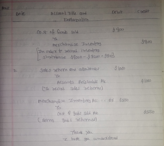 And pate Debit Caedit Account Title and Explanation cost of Goods sold $ 800 $800 merchandise Incentory In order to record in