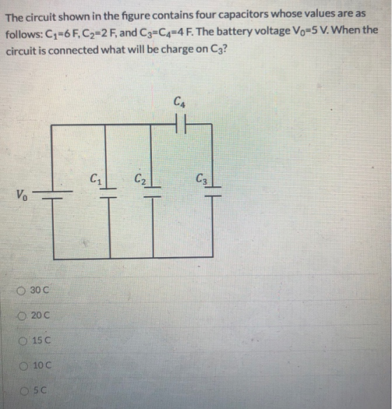 The circuit shown in the figure contains four capacitors whose values are as follows: C1=6 F, C2=2 F, and C3=C4=4 F. The batt