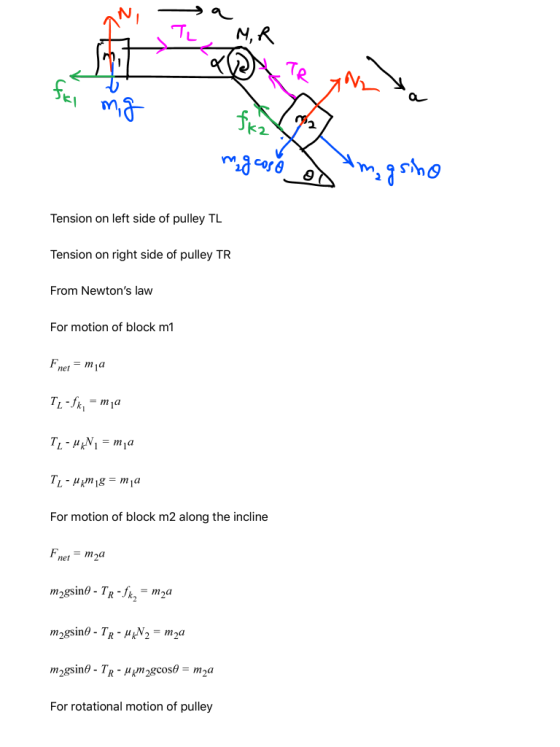 MR TR fai mg fka m. gcoso m nagsino Tension on left side of pulley TL Tension on right side of pulley TR From Newtons law Fo