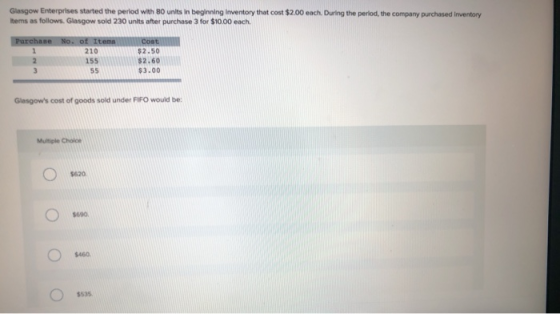 Glasgow Enterprises started the period with 80 units in beginning inventory that cost $2.00 each. During the period, the comp