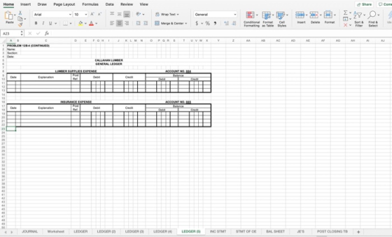 Home Insert Draw Page Layout Formulas Dute Review View Share .com Merge Center - S - % 9 PROBLEM 1984 CONTROL JOURNAL W L EDG