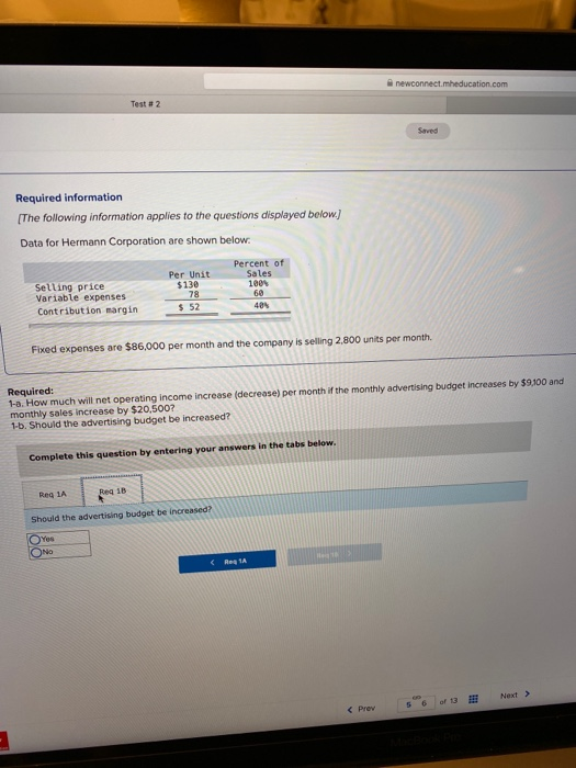newconnect.mheducation.com Test # 2 Saved Required information (The following information applies to the questions displayed