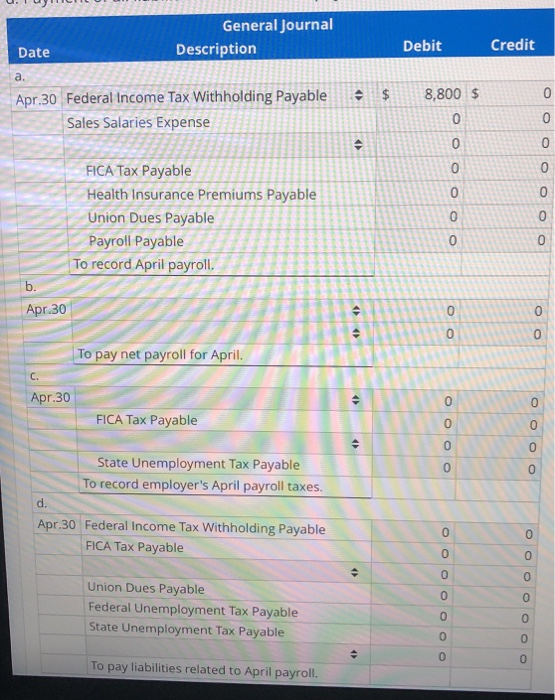 U.IUICIILO General Journal Description Debit Credit Date 8,800 $ Apr 30 Federal Income Tax Withholding Payable Sales Salaries