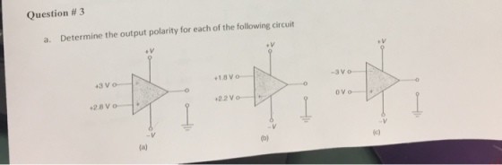 Question # 3 a. Determine the output polarity for each of the following circuit + V + V -3 V 22 Vo .V