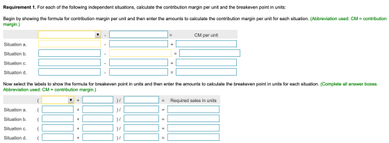 Requirement 1. For each of the following independent situations, calculate the contribution margin per unit and the breakeven