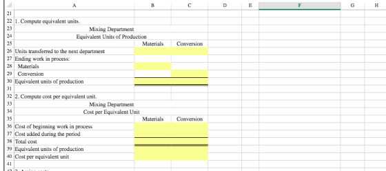 B C D E Conversion 22 1. Compute equivalent units. Mixing Department Equivalent Units of Production Materials 26 Units transf