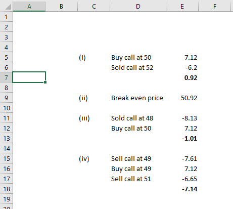 4 Buy call at 50 Sold call at 52 7.12 0.92 Break even price 50.92 10 -8.13 7.12 1.01 Sold call at 48 Buy call at 50 12 13 Sell call at 49 Buy call at 49 Sell call at 51 (iv) 16 I 17 18 19 7.12 6.65 7.14