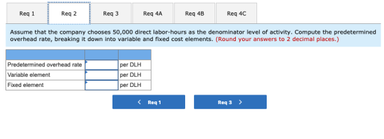 Req 1 Req 2 Req 3 Req 4A Req 4B Req 4C Assume that the company chooses 50,000 direct labor-hours as the denominator level of