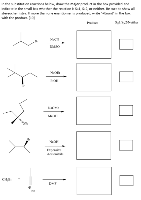 In the substitution reactions below, draw the major product in the box provided and indicate in the small box whether the reaction is SN1, SN2, or neither. Be sure to show all stereochemistry. If more than one enantiomer is produced, write +Enant in the box with the product. [10] Product SN1/SN2/Neither NaCN Br DMSO NaOEt EtOH Br NaOMe MeOH NaOH Expensive Acetonitrile CH,Br DMF Nat