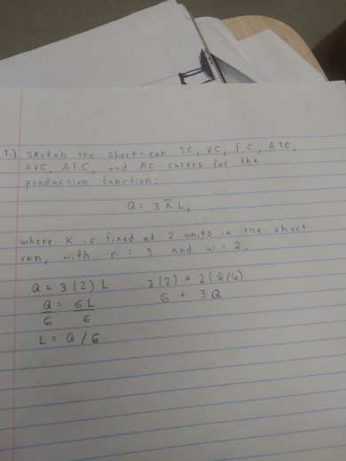 1.) Sketch the | AVC, AFC, production short-run and MC function: Tc, vc, F curves for C, ATC, the Q: 3KL where K is ran, with