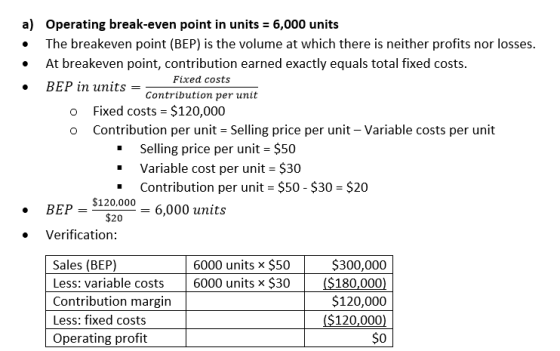 a) Operating break-even point in units = 6,000 units • The breakeven point (BEP) is the volume at which there is neither prof