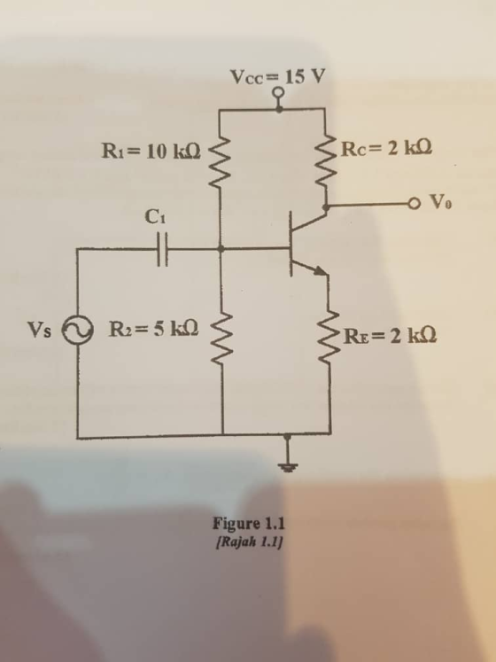 Vcc= 15 V Rc 2 kO R1 10 kO Vo C1 R2=5 kQ Vs RE= 2 kQ Figure 1.1 [Rajah 1.1)