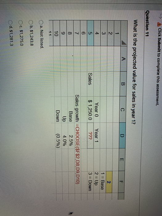A Click Submit to complete this assessment. Question 11 What is the projected value for sales in year 1? D E F Year $ 1,250.0