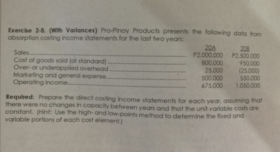 Exercise 2-8. (With Variances) Pro-Pinoy Products presents the following data from absorption costing income statements for t