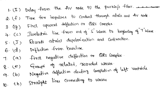 1. (I) 2. (f) 3. (9) 4. (C) 5. (J) (d) Delay from the Av node to the purkinje fiber, cee Time for impulses to conduct through