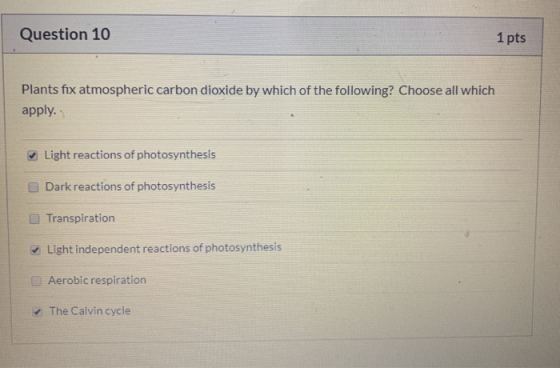Question 10 1 pts Plants fix atmospheric carbon dioxide by which of the following? Choose all which apply. Light reactions of