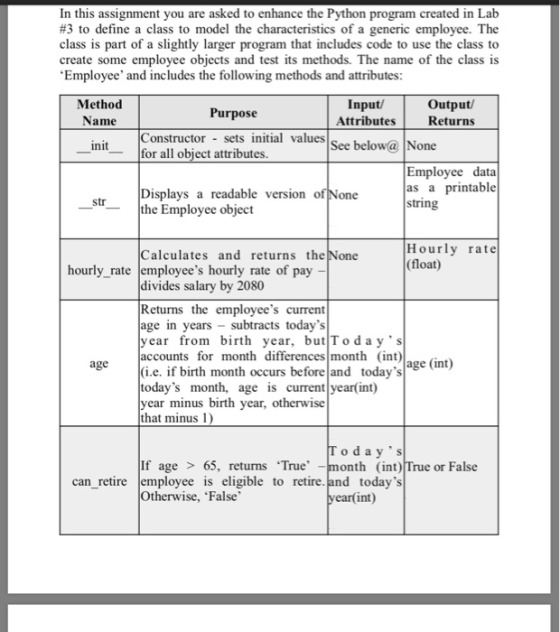 In this assignment you are asked to enhance the #3 to define a class to model the characteristics of a generic employee. The class is part of a slightly larger program that incl create some employee objects and test its methods. The name of the class is Employee and includes the following methods and attributes: n program created in Lab udes code to use the class to Method Name Input/ Attributes Output/ Returns Purpose Constructor sets initial values See belo See below@ None init for all obiect attributes. Displays a readable versio the Employee object Employee data as a printable string one str Hourly rate (float) Calculates and returns the None hourly_rate employees hourly rate of pay - divides salary by 2080 Returns the employees current age in years subtracts todays year from birth year, but Today s accounts for month differences month (int) (i.e. if birth month occurs before and todays todays month, age is current year(int) age r minus birth year, otherwise yea that minus 1) If age > 65, returns Truemonth (int)True or False employee is eligible to retire.and Otherwise, False can_retire todays ear(int)