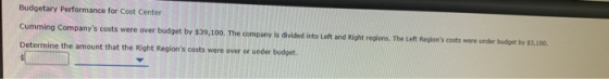 Budgetary Performance for Cost Center Cumming Companys costs were over budget by $39,100. The company is divided into Left a