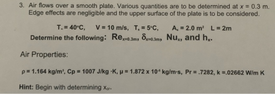 3. Air flows over a smooth plate. Various quantities are to be determined at x = 0.3 m. Edge effects are negligible and the u