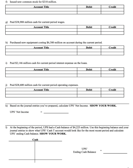 f) Issued new common stock for $218 million. Account Title Debit Credit g) Paid $38,908 million cash for current period wages