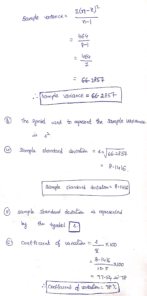 561-2)2 Sample variances 464 = 66-2857 Sample variance - 66-2857 to represent the sample variance 3) C @ The symbé used is p²