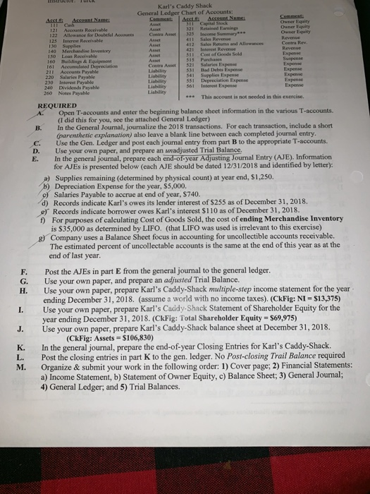 instructot- Karls Caddy Shack General Ledger Chart of Accounts: Account Name: Comment: Owner Equity Owner Equity Owner Equit