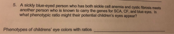 5. A sickly blue-eyed person who has both sickle cell anemia and cystic fibrosis meets another person who is known to carry the genes for SCA, CF, and blue eyes. In what phenotypic ratio might their potential childrens eyes appear? Phenotypes of childrens eye colors with ratios