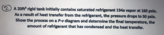 A 20t rigld tank initially contains saturatied refrigerant 134a vapor at 160 psla. As a result of heat transfer from the refr