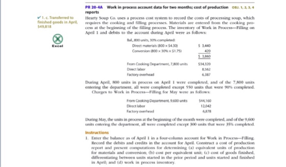 PR 20-4A Work in process account data for two months; cost of production OBJ. 1, 2, 3, reports Hearty Soup Co. uses a process cost system to record the costs of processing soup, which requires the cooking and filling processes. Materials are entered from the cooking pro- cess at the beginning of the filling process. The inventory of Work in Process Filling on April 1 and debits to the account during April were as follows: 1. C. Transferred to finished goods in April, $49,818 Bal, 80 units, 30% completed: 3440 420 5 3.860 Excel Direct materials BOO $430) Conversion (800 x 30% x $ 1.75) From Cooking Department, 7,800 units$34,320 8562 6387 Direct labor Factory overhead During April, 800 units in process on April I were completed, and of the 7,800 units entering the department, all were completed except 550 units that were 90% completed. Charges to Work in Process Filling for May were as follows: From Cooking Department 9,600 units Direct labor Factory overhead $44,160 12,042 6,878 During May, the units in process at the beginning of the month were completed, and of the 9,600 units entering the dTartment, all were completed except 300 units that were 35% completed. Instructions 1. Enter the balance as of April 1 in a four-column account for Work in Process-Filling Record the debits and credits in the account for April. Construct a cost of production report and present computations for determining (a) equivalent units of production for materials and conversion; (b) cost per equivalent unit; (c) cost of goods finished, differentiating between units started in the prior period and units started and finished in April; and (d) work in process inventory