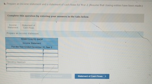b. Prepare an income statement and a statement of cash flows for Year 2. (Assume that closing entries have been made Complete