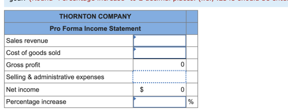 THORNTON COMPANY Pro Forma Income Statement Sales revenue Cost of goods sold Gross profit 0 Selling & administrative expenses