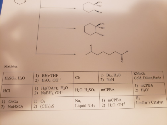ACH, инно он CH3 пон HOH Matching: H2SO4, H20 1) BH3.THF 2) H2O2, OH-1 C2 1) Br2, H2O 2) NaH KMnO4 Cold, Dilute,Basic HCl 1)