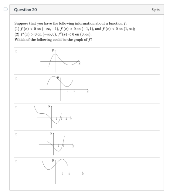 Question 20 5 pts Suppose that you have the following information about a function f: (1) f(x) < 0 on (-0, -1), f(x) > 0 on