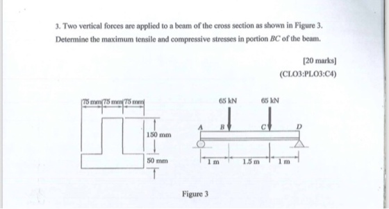 3. Two vertical forces are applied to a beam of the cross section as shown in Figure 3 Determine the maximum tensile and compressive stresses in portion BC of the beam 20 marks) (CLO3:PLO3:C4) 75 65 kN 65 kN A B 50 mm 50 mm Figure 3